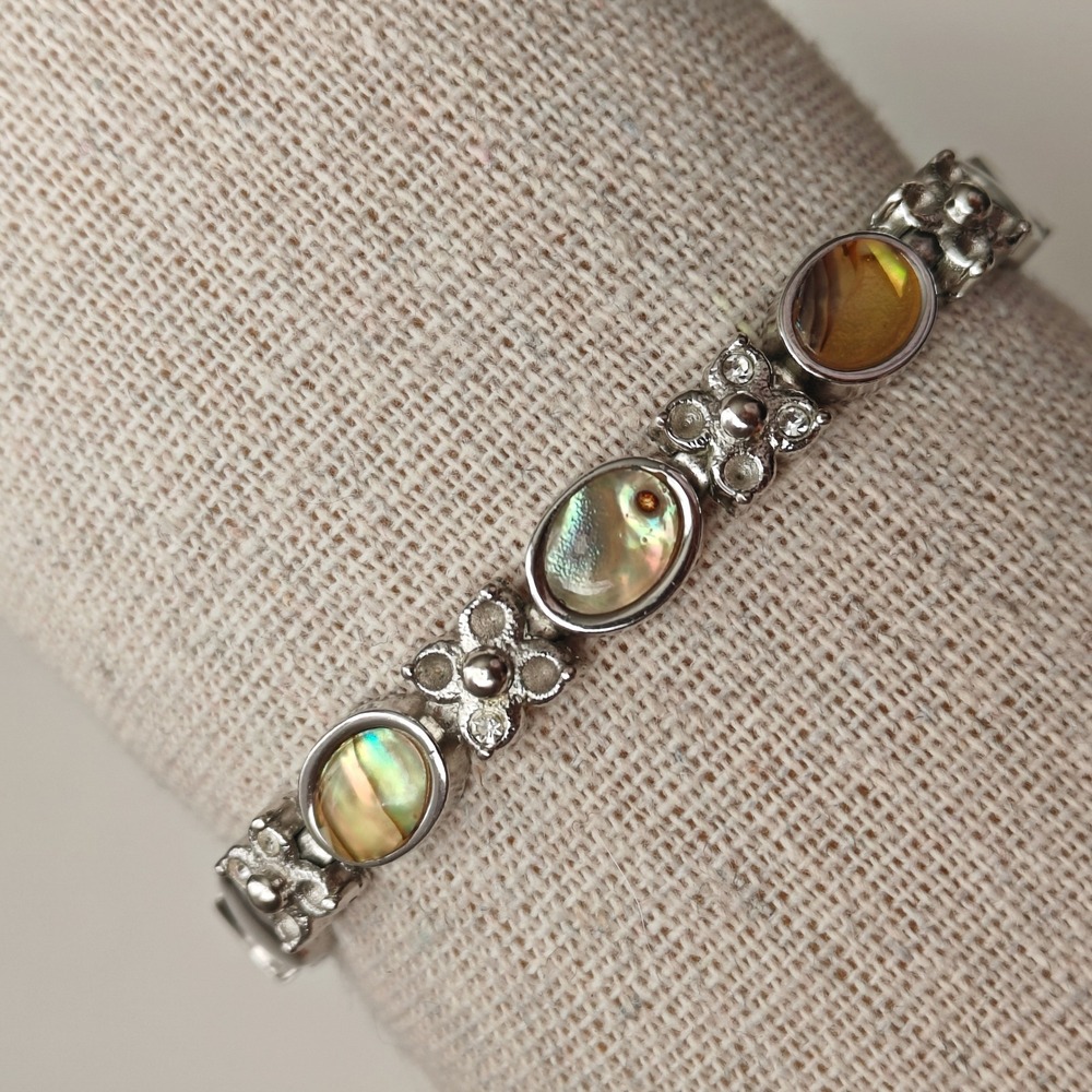 Silver Tone Abalone Shell Cabochon Floral Link Bracelet Iridescent Rhinestone